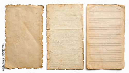 three vintage and antique paper textures, stained g with ripped / torn edges and old French ledger paper isolated on white a background, blank textured sheets as backgrounds or paris, shabby, chic, li