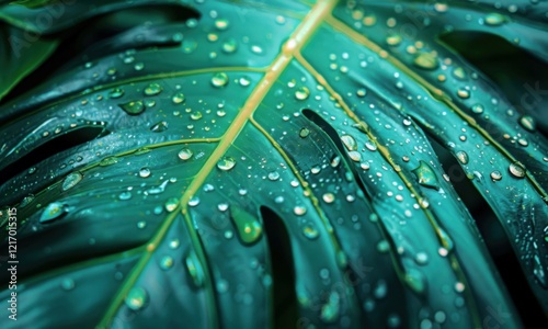 Green Tropical Leaf With Water Drops Close Up