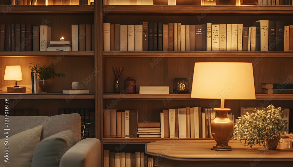 Detailed view of a wooden bookshelf filled with books of various genres, illuminated by warm lamp light in a cozy caf?(C) - Detailed view of a wooden bookshelf filled with books of various genres, illuminated by warm lamp light in a cozy caf?(C) -