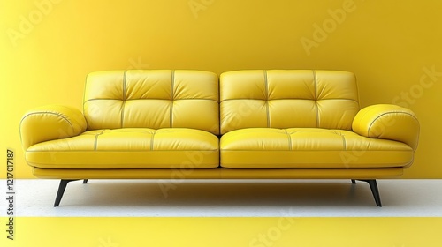 Yellow leather sofa, minimalist room, interior design photo