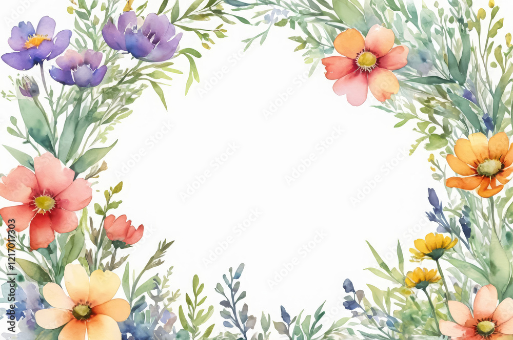 Watercolor illustration of a frame of wildflowers with an empty space for text in the middle on a white background.