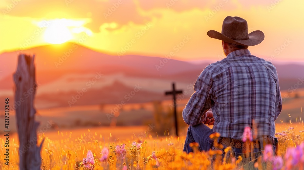Cowboy Reflects By A Cross In Expansive Landscape View.