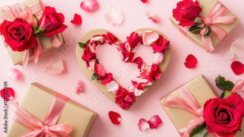 A Heartfelt Arrangement: A Delicate Composition of Soft Pink Roses and Miniature Gift Boxes, Artfully Arranged to Form a Heart-Shaped Pattern, Symbolizing Love and Affection.