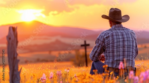 Cowboy Reflects By A Cross In Expansive Landscape View.