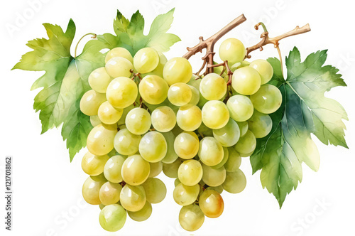  Watercolor illustration of a ripe bunch of white grapes on a white background.