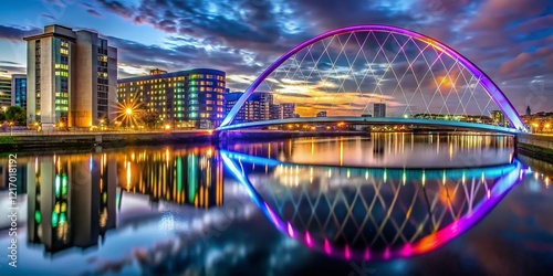 Glasgow Clyde Arc Night Photography: Illuminated Bridge at Dusk photo