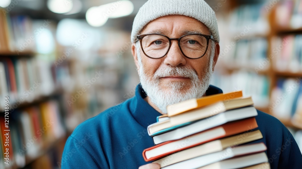 A cheerful elderly man holds a stack of books in a library, radiating warmth and passion for literature, embodying the joy of knowledge and discovery in his golden years. A cheerful elderly man holds a stack of books in a library, radiating warmth and passion for literature, embodying the joy of knowledge and discovery in his golden years.