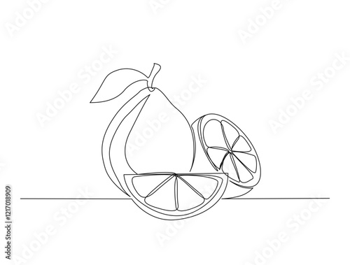 Continuous one line drawing of fresh water melon fruit. A whole and sliced water melon in single line draw illustration. Editable stroke.