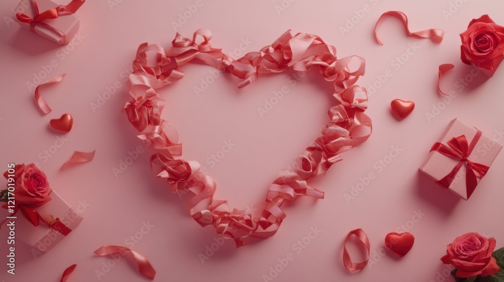 A Heartfelt Arrangement: A Delicate Composition of Soft Pink Roses and Miniature Gift Boxes, Artfully Arranged to Form a Heart-Shaped Pattern, Symbolizing Love and Affection. A Heartfelt Arrangement: A Delicate Composition of Soft Pink Roses and Miniature Gift Boxes, Artfully Arranged to Form a Heart-Shaped Pattern, Symbolizing Love and Affection.
