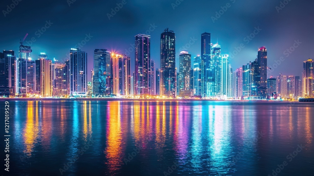 Fototapeta premium Vibrant city skyline illuminates the waterfront at night with colorful reflections in calm waters