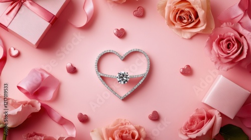 A Heartfelt Arrangement: A Delicate Composition of Soft Pink Roses and Miniature Gift Boxes, Artfully Arranged to Form a Heart-Shaped Pattern, Symbolizing Love and Affection.