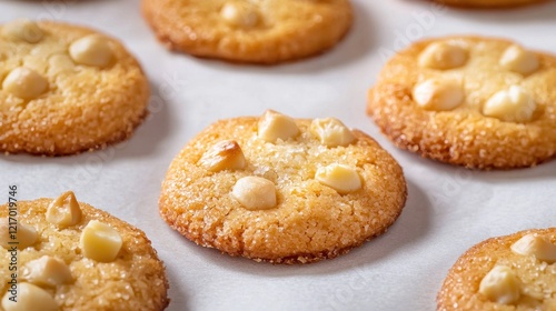 Freshly baked macadamia nut cookies on parchment paper arranged in a tempting pattern