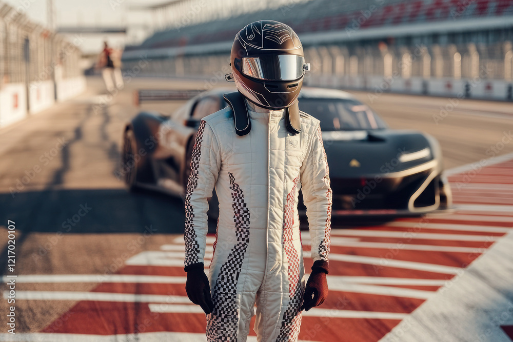 Racing Driver On Track Wearing A Helmet And Suit.