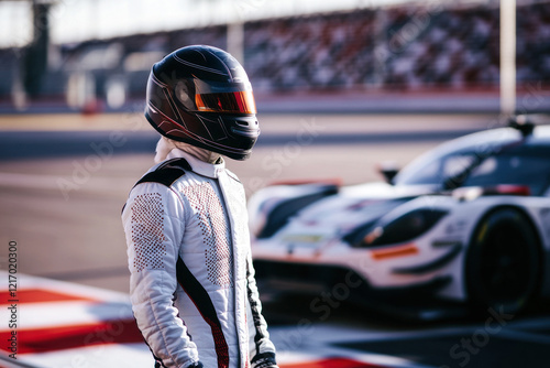 Race Driver In Preparation Beside A Sleek Black Car.