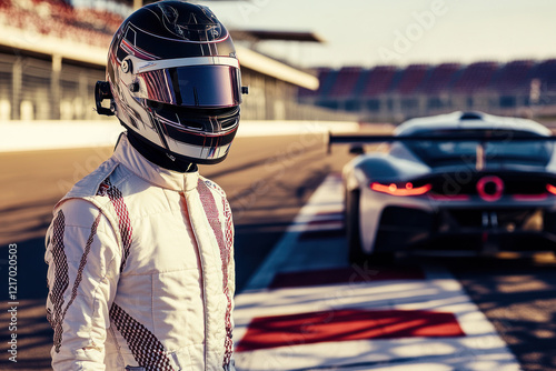 Racing Driver In Protective Suit Beside Sleek Car