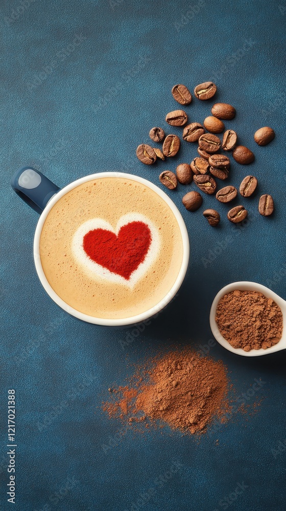 Warm Coffee Cup with Heart Shape Cocoa Powder, Coffee Beans, and Cocoa Powder on Dark Background, Perfect for Coffee Lovers and Valentine's Day Celebrations