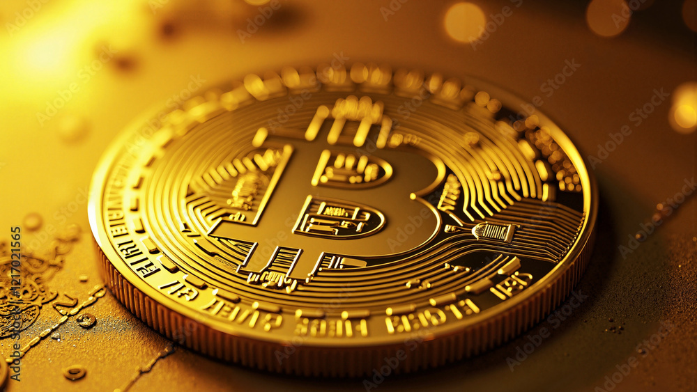Gleaming Bitcoin Coin on Luxurious Gold Background for Cryptocurrency Blogs, Investment Portals, and Fintech Marketing Materials Gleaming Bitcoin Coin on Luxurious Gold Background for Cryptocurrency Blogs, Investment Portals, and Fintech Marketing Materials