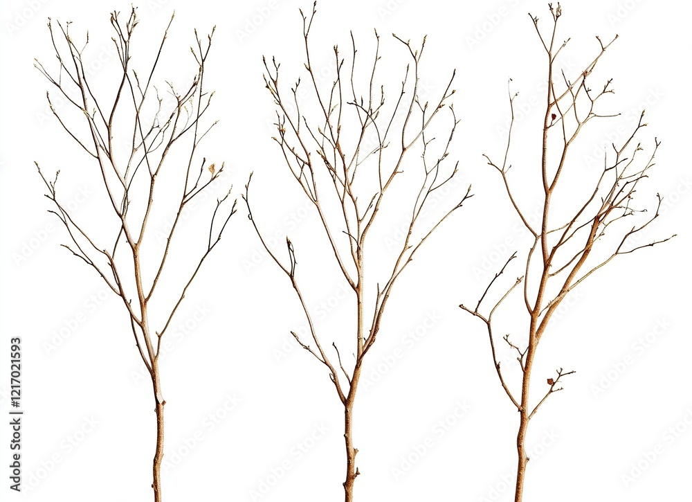 Obraz premium Dried tree branches on a white background, silhouettes of dead, leafless trees, close-up of dry foliage, dead wood, no leaves or flowers in the winter season, cutout, vector illustration,