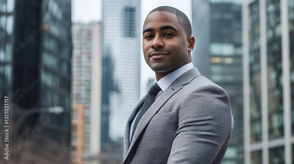 A man in a suit and tie stands in front of a city skyline A man in a suit and tie stands in front of a city skyline