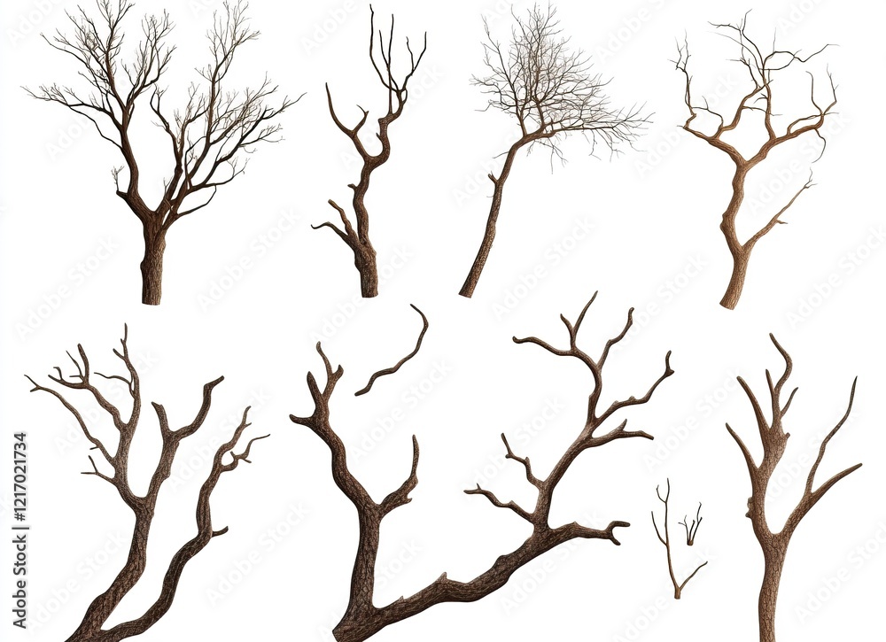 Dried tree branches on a white background, silhouettes of dead, leafless trees, close-up of dry foliage, dead wood, no leaves or flowers in the winter season, cutout, vector illustration, Dried tree branches on a white background, silhouettes of dead, leafless trees, close-up of dry foliage, dead wood, no leaves or flowers in the winter season, cutout, vector illustration,