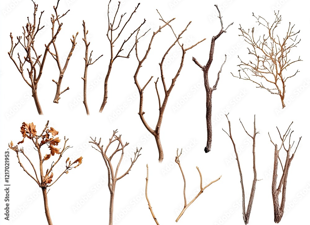 Fototapeta premium Dried tree branches on a white background, silhouettes of dead, leafless trees, close-up of dry foliage, dead wood, no leaves or flowers in the winter season, cutout, vector illustration, 