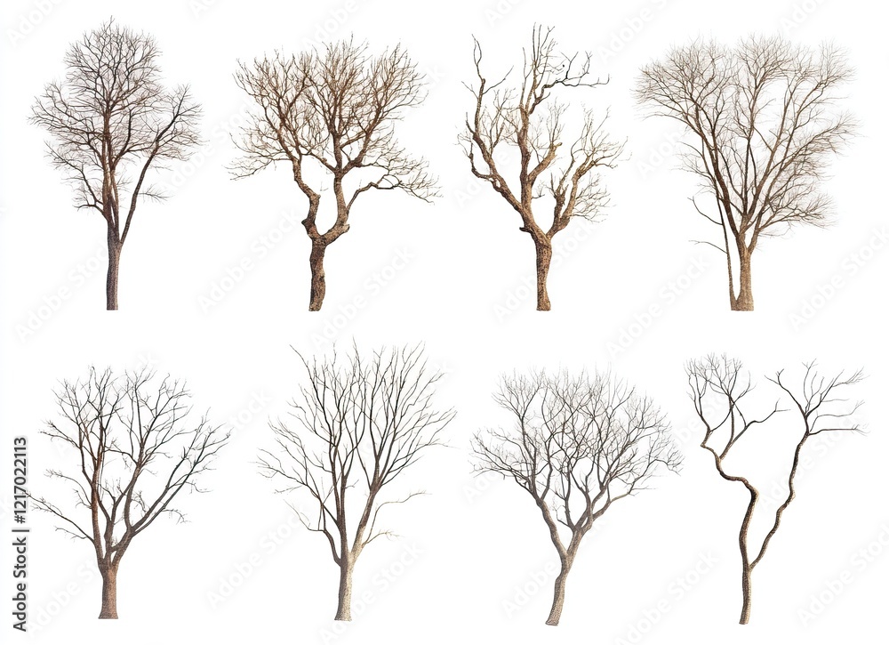 Fototapeta premium Dried tree branches on a white background, silhouettes of dead, leafless trees, close-up of dry foliage, dead wood, no leaves or flowers in the winter season, cutout, vector illustration, 