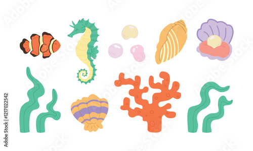 Underwater sea wildlife isolated on simple background. Clown fish, seahorse, shells and pearls. Cute hand drawn trendy flat vector illustrations. photo