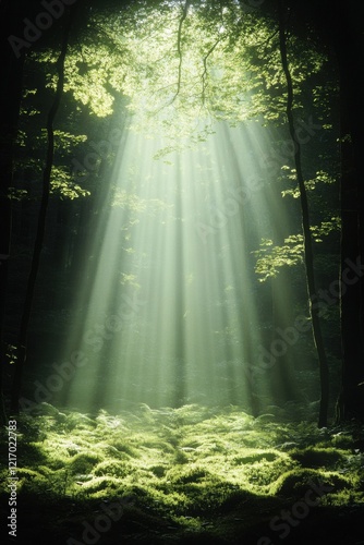 A serene Scandinavian forest with abundant trees and lush green moss, illuminated by gentle sunlight filtering through the canopy.