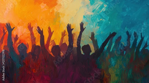 Abstract people protest background. Vibrant watercolor illustration of young people standing with raising hands. Crowd of protesters. Protest, revolution, conflict poster