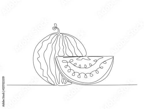 Continuous one line drawing of fresh water melon fruit. A whole and sliced water melon in single line draw illustration. Editable stroke.