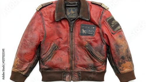 Worn red leather jacket, studio shot, patches, white background, fashion