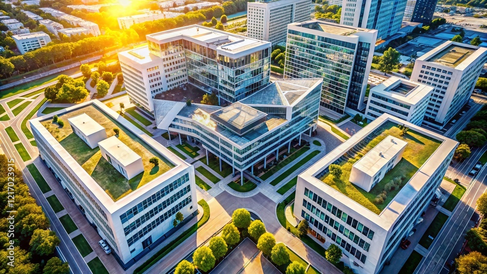 Obraz premium Modern Business Aerial View: Clean White Background with Geometric Shapes & Office Structures