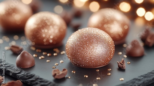 Rose gold chocolates, festive lights, slate board