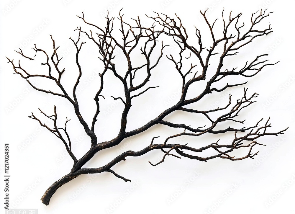 Fototapeta premium Dried tree branches with no leaves on a white background. Isolated dead, leafless tree top silhouette with many branches in the winter season. Silhouette of a dry tree without foliage. 