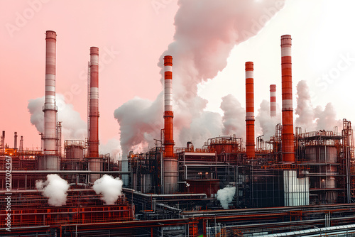 A power plant with tall smoking chimneys set against a vibrant sunset sky. This striking industrial landscape highlights themes of energy, industry, and environmental concerns. photo