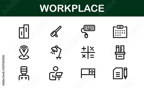 Modern Workplace Icon Set. Professional Icons for Office, Collaboration, Productivity, and Business Tools in Minimalist and Outline Styles. photo