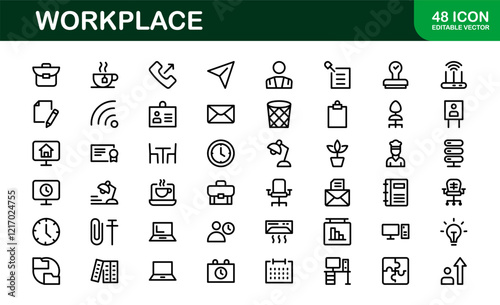 Modern Workplace Icon Set. Professional Icons for Office, Collaboration, Productivity, and Business Tools in Minimalist and Outline Styles. photo