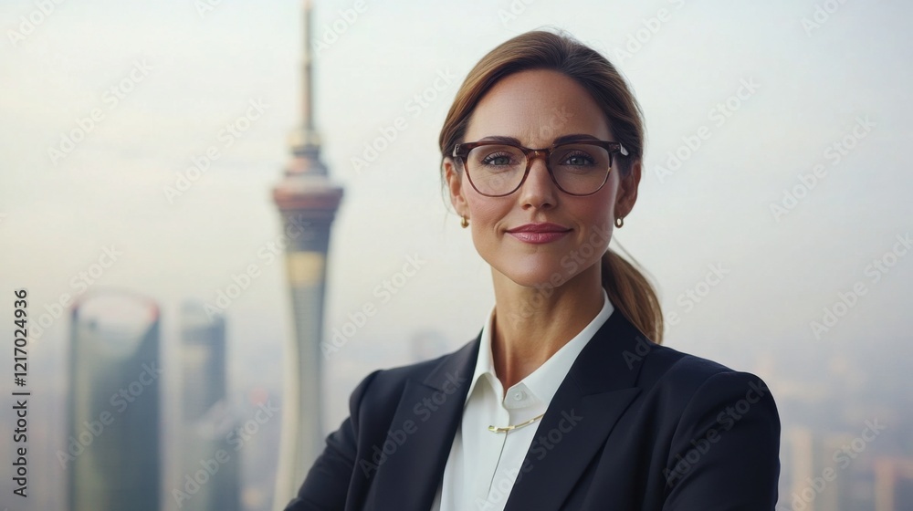A businesswoman smiling confidently against a city skyline, exuding professionalism and calm. The setting suggests a modern urban environment.