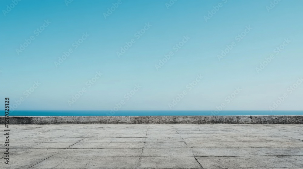 Expansive view of a clear blue sky over a tranquil ocean from a concrete seaside promenade Expansive view of a clear blue sky over a tranquil ocean from a concrete seaside promenade
