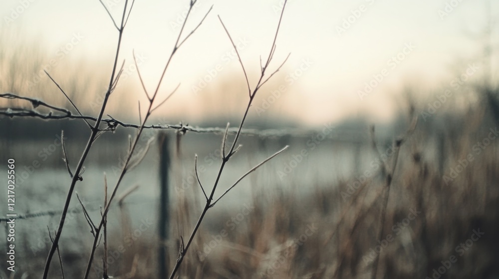 Frost-covered branches and barbed wire fence at dawn, serene winter landscape with soft light Frost-covered branches and barbed wire fence at dawn, serene winter landscape with soft light