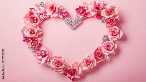 A Heartfelt Arrangement: A Delicate Composition of Soft Pink Roses and Miniature Gift Boxes, Artfully Arranged to Form a Heart-Shaped Pattern, Symbolizing Love and Affection.