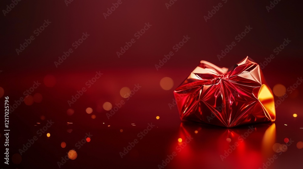 Valentine's chocolate box with futuristic metallic wrapping, holographic textures, sharp focus, vibrant red and gold tones Valentine's chocolate box with futuristic metallic wrapping, holographic textures, sharp focus, vibrant red and gold tones