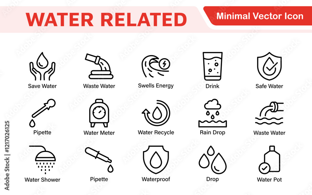 Fototapeta premium Water Related Icon Set. A refreshing collection of icons showcasing water conservation, aquatic life, and hydration, perfect for water awareness and sustainability.