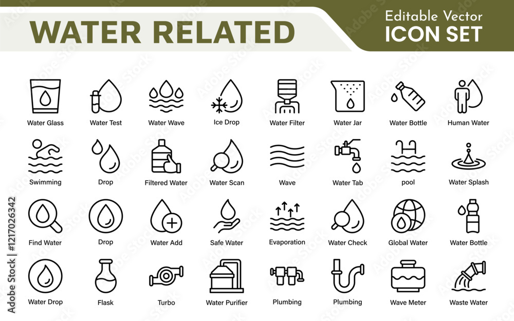 Naklejka premium Water Related Icon Set. A refreshing collection of icons showcasing water conservation, aquatic life, and hydration, perfect for water awareness and sustainability.