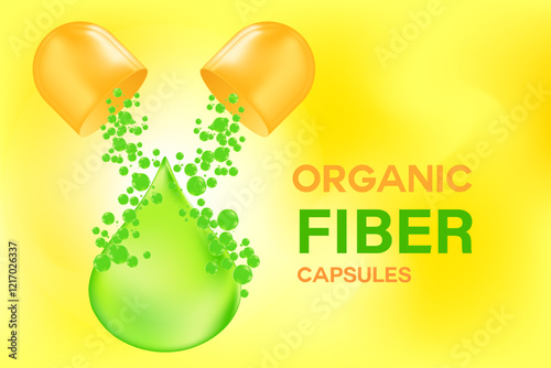 3D organic green fiber supplements background with copy space. Raw fiber capsules, liquid green oil drop with glowing particles. Healthy stomach, intestines, digestive system nutrition supplements.