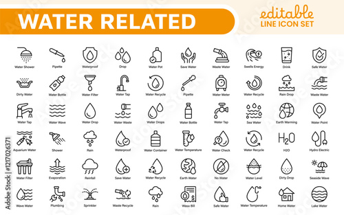 Water Related Icon Set. A refreshing collection of icons showcasing water conservation, aquatic life, and hydration, perfect for water awareness and sustainability.