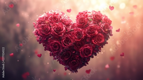 Valentine's Day heart-shaped bouquet of roses, floating in midair, surreal ambiance, vivid pink and red tones, dreamy fantasy art