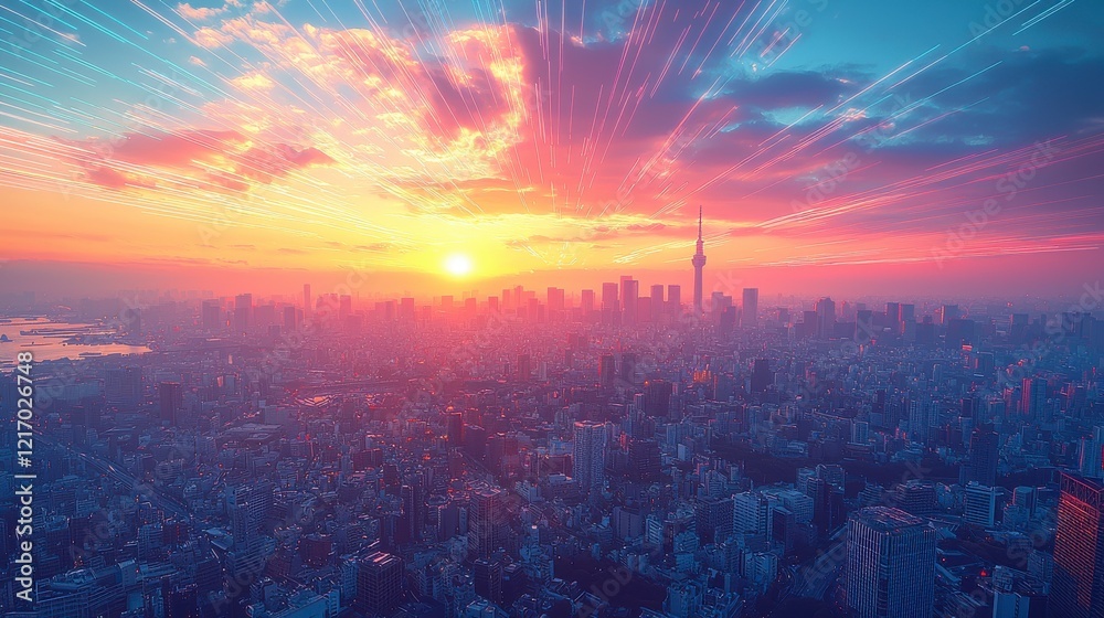 A soft glow during sunset envelops Tokyo, with abstract light trails enhancing the serene urban landscape while creating a sense of calm and reflection. A soft glow during sunset envelops Tokyo, with abstract light trails enhancing the serene urban landscape while creating a sense of calm and reflection.