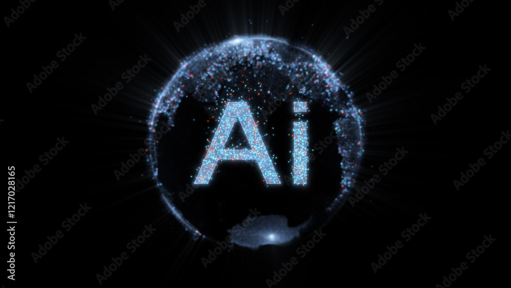 Digital globe, Blue digital AI letter particles. Isolated on black background. Digital globe, Blue digital AI letter particles. Isolated on black background.