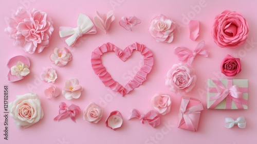 A Heartfelt Arrangement: A Delicate Composition of Soft Pink Roses and Miniature Gift Boxes, Artfully Arranged to Form a Heart-Shaped Pattern, Symbolizing Love and Affection.